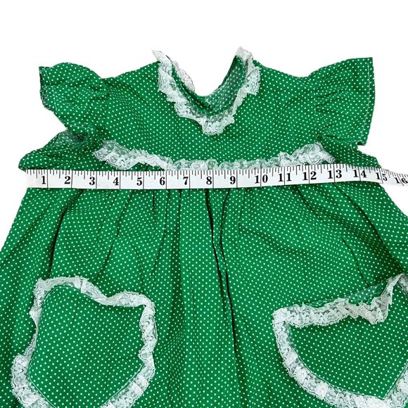 Vintage Handmade Girls Green Polka Dot Spring Dress Lace Trim Front Pockets - Picture 7 of 8
